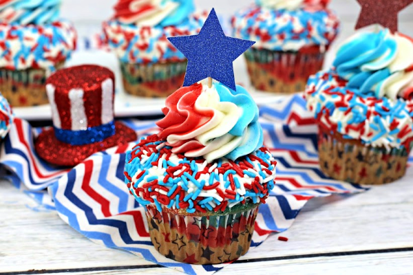 red white and blue cupcake with sprinkles
