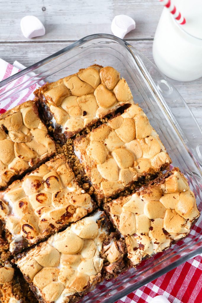 baking dish of gooey s'mores bars